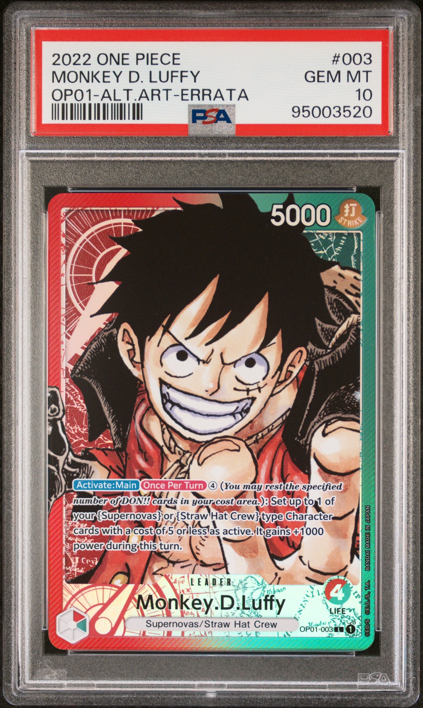 Monkey D. Luffy Leader Errata (OP01) PSA 10